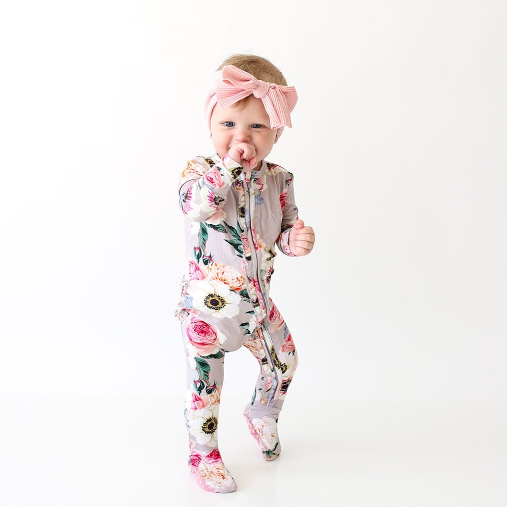 French Gray Floral Footie Ruffled Zippered One Piece
