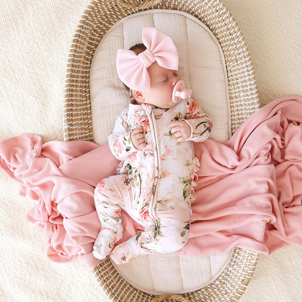 Vintage Pink Rose Footie Ruffled Zippered One Piece
