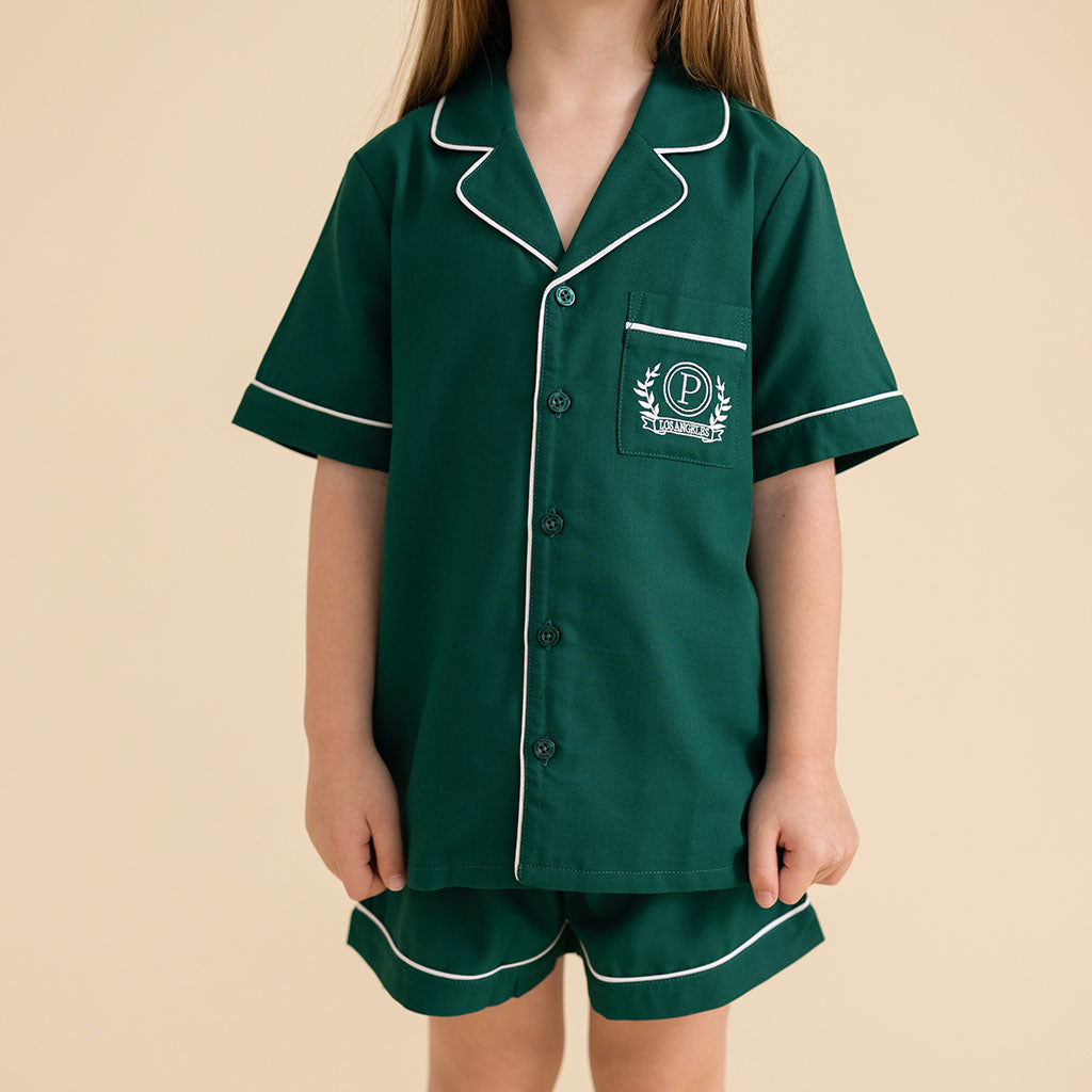 Varsity Green Twill Pajama Short Set