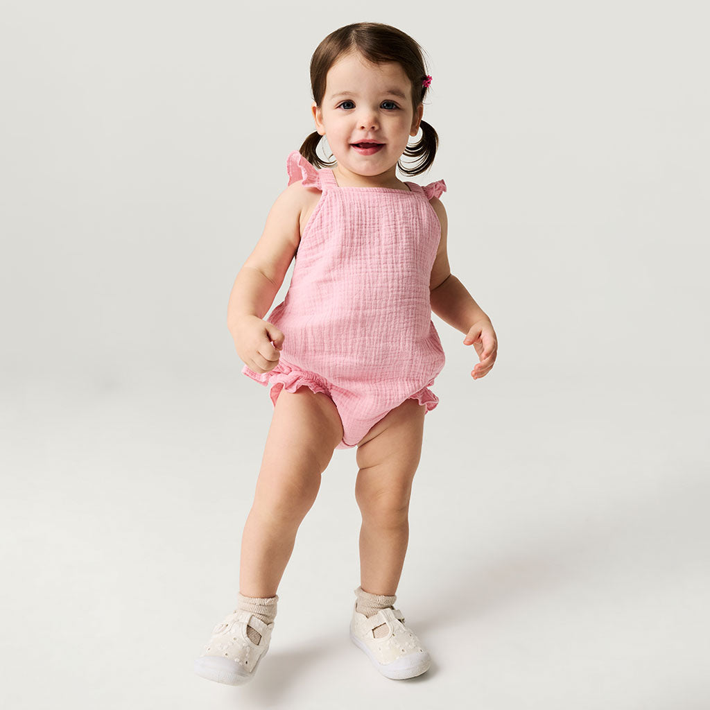 Happy Pink Cotton Crinkle Ruffled Romper