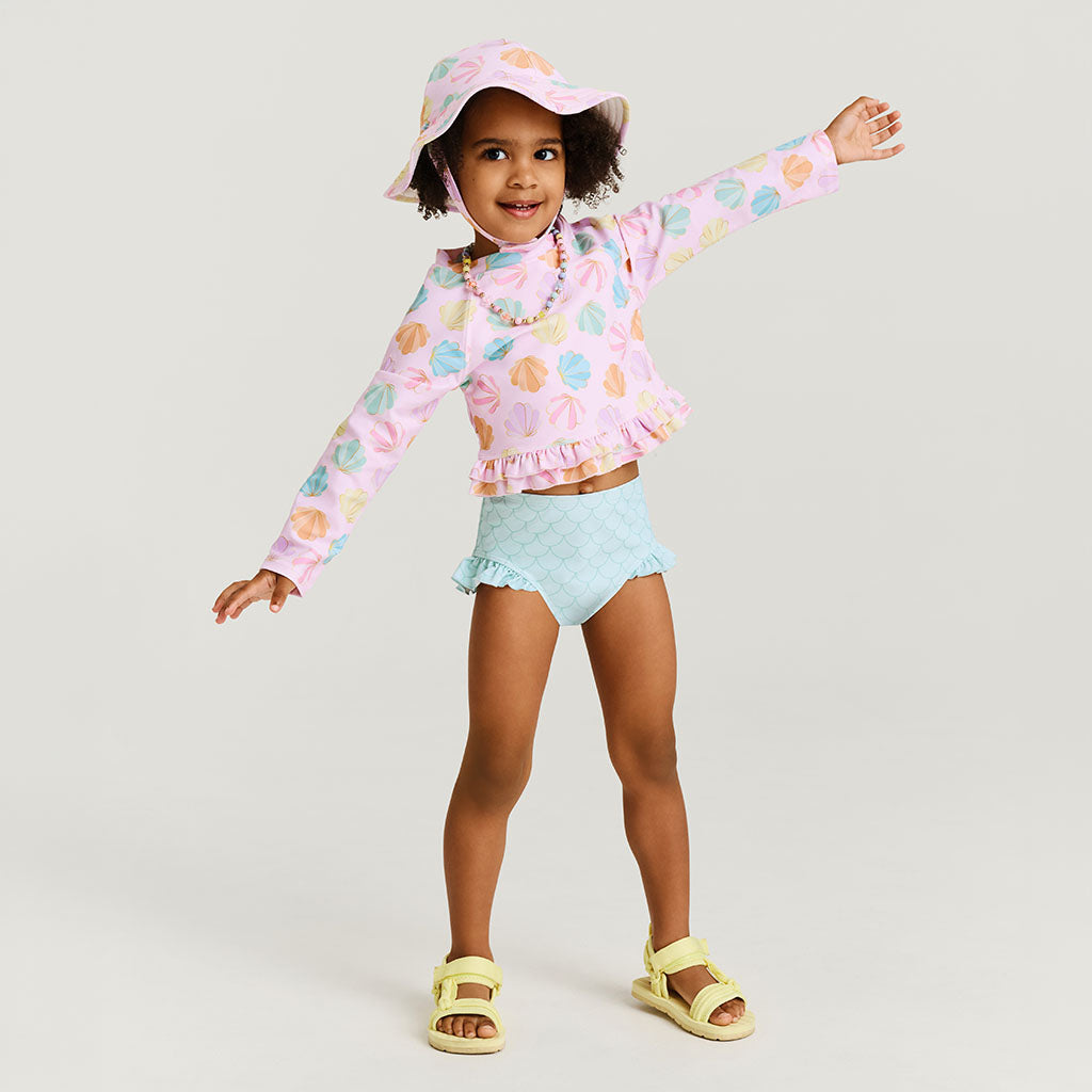 Shelly Pink Long Sleeve Rash Guard Ruffled Bummie Set